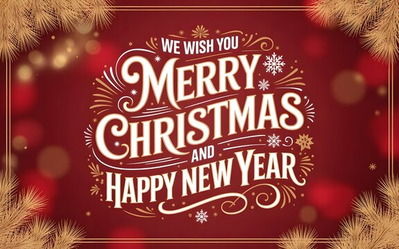 Elegant "Merry Christmas and Happy New Year" Greeting on Red Bokeh Background