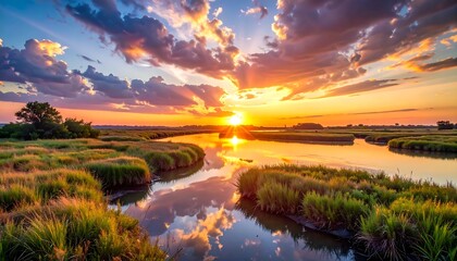 Vibrant sunset over a marshy landscape, water mirroring the sky. Sunbeams pierce clouds. Warm hues dominate