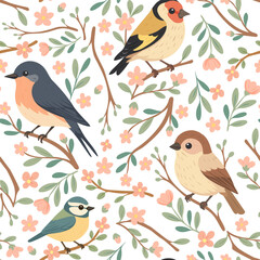 Seamless spring bird pattern with blooming branches and pastel florals. Charming songbirds create a soft, elegant design perfect for fabrics, stationery, wallpapers, and seasonal decor