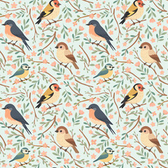 Seamless pattern with cute spring birds perched among blooming branches and soft pastel florals. Perfect for fabrics, stationery, wallpapers, and charming seasonal designs