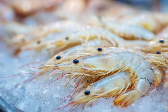 Fresh Whiteleg Shrimp for Sale in Thailand Market - Closeup View Against Dark Background
