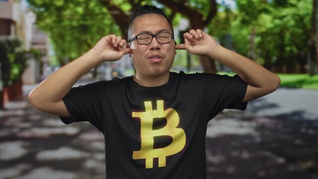 Young man plugging fingers into ears, squinting with closed eyes while wearing a black bitcoin t shirt on a tree lined street; crypto frustration.