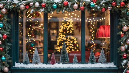 Fototapeta premium Dark Teal Christmas Storefront: Festive Garland, Red Ornaments and Miniature Trees