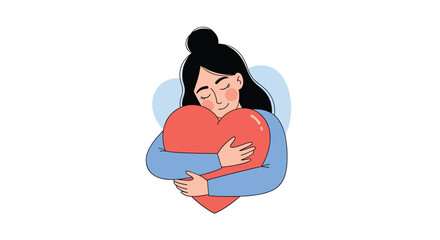 A woman embraces a large red heart symbolizing self love and acceptance.