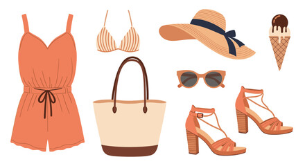 A delightful collection of summer essentials including a peach romper a stylish straw hat and chic sandals for a perfect vacation look.