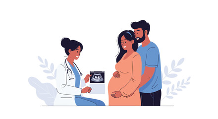 A medical professional explains an ultrasound image to a happy expecting couple during a prenatal appointment.