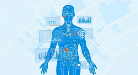 Futuristic digital interface showing human anatomy and medical data analytics for advanced healthcare technology