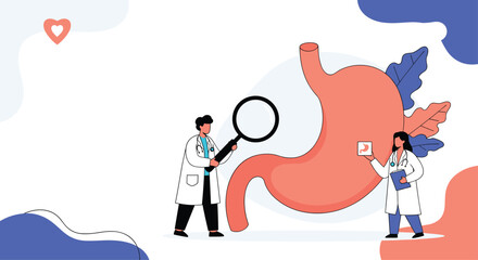 Doctors examine a human stomach illustration with a magnifying glass and medical chart illustrating digestive health and gastrointestinal science concepts.