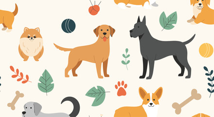 Fototapeta premium A vibrant and playful illustration featuring a diverse collection of adorable dogs and playful accessories on a soft, warm-toned background, perfect for pet-themed designs and children's products.