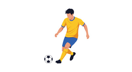 Obraz premium A male soccer player in a yellow jersey and blue shorts skillfully dribbles a soccer ball during a game.