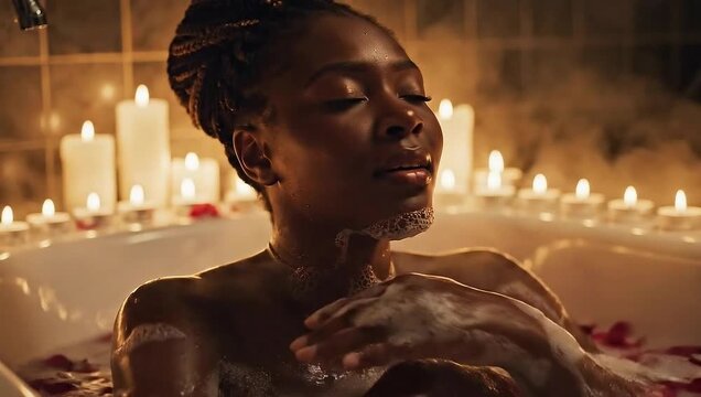Relaxing Bath with Rose Petals and Candles for Self-Care and Serenity.