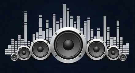 Graphic illustration of speakers of varying sizes arranged in a row with equalizer bars above, set against a dark blue background.