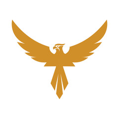 Obraz premium Golden stylized eagle or phoenix logo. Minimalist vector illustration of a majestic bird with spread wings, symbolizing power, freedom, and rise. Ideal for branding, identity, or mascot design