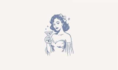 Vintage Retro Woman, Martini Illustration, Cocktail Lady Vector, Retro Woman Logo, Pin-Up Style Art, Woman Holding Drink, Martini Glass Drawing, Bar Lounge Artwork, Vintage T-Shirt Design,