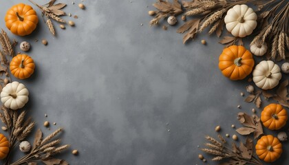 Autumnal border composed of small pumpkins dried leaves and natural elements on gray backdrop