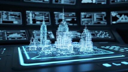 Abstract digital cityscape displayed on futuristic control panel - Powered by Adobe