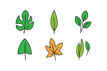 Colourful vector line art tree leaves Icon set on white background.