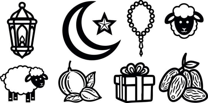 Islamic symbols crescent moon star lantern rosary sheep gift box and nuts vector icons set for religious culture design