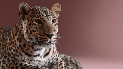 Fototapeta premium Portrait of a majestic leopard sitting against a solid background.