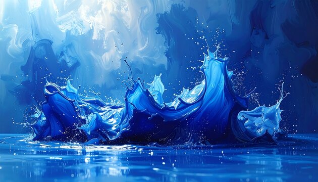 Vivid blue liquid explodes upward in a splash with white cloudlike background