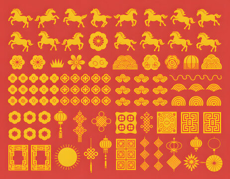 asian festive ornament pack featuring zodiac horse and cultural motifs