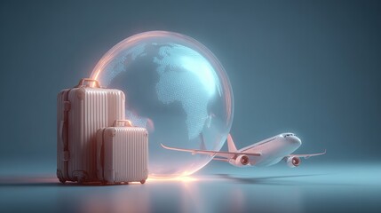 Travel Insurance Visualization with Glowing Globe and Suitcases at Airport Digital Art Modern Conceptual Travel and Safety Focus