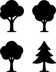 Collection of four stylized dark gray tree silhouettes on a white background