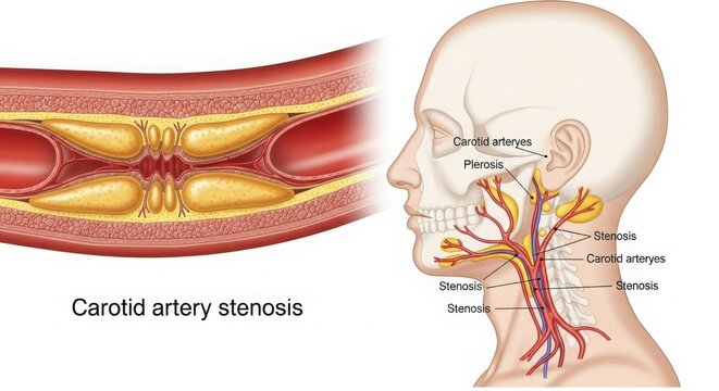 Detailed medical diagram of carotid artery stenosis and human neck anatomy illustration