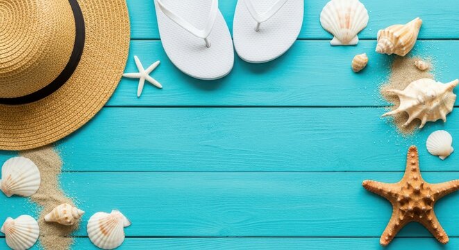 A flat lay composition of summer beach essentials including a straw hat, flipflops, seashells, and starfish arranged on a vibrant turquoise wooden background