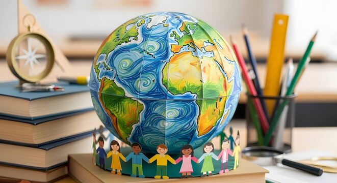 vibrant globe sitting on a desk with paper doll chain and school supplies for educational materials, world culture blogs, or environmental awareness campaigns