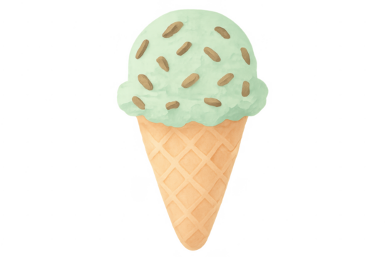 Mint chocolate chip ice cream cone watercolor illustration