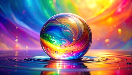 Vibrant, swirling rainbow colors form a sphere above rippled, colorful water with a bright, blurred background