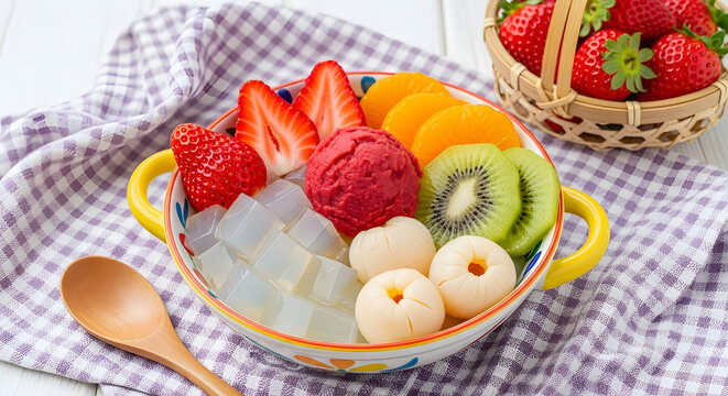 Vibrant and refreshing fruit salad bowl with strawberries kiwi mango lychee and sorbet - Powered by Adobe