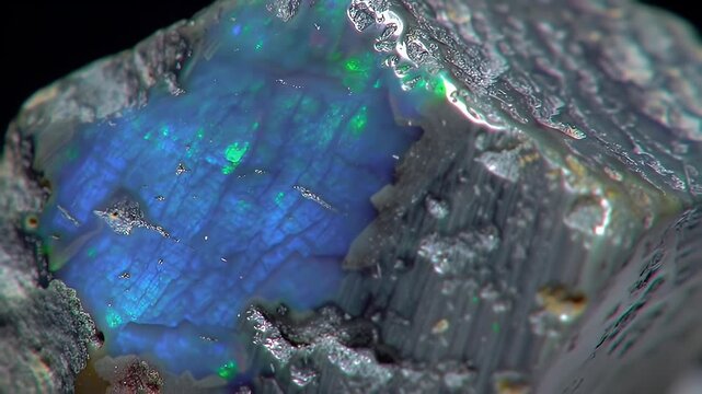 Close Up of Iridescent Opal Stone with Matrix Patterns Against Black Background
