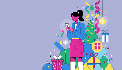 Corporate woman using smartphone surrounded by festive Christmas gifts and decoration