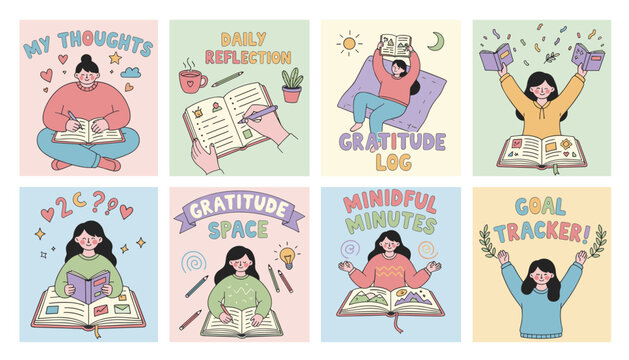8 whimsical illustrations promoting mindfulness selfcare journaling reflection and personal goal tracking