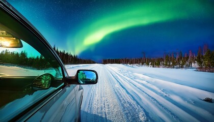Obraz premium aurora borealis reflected in car mirror snowy road