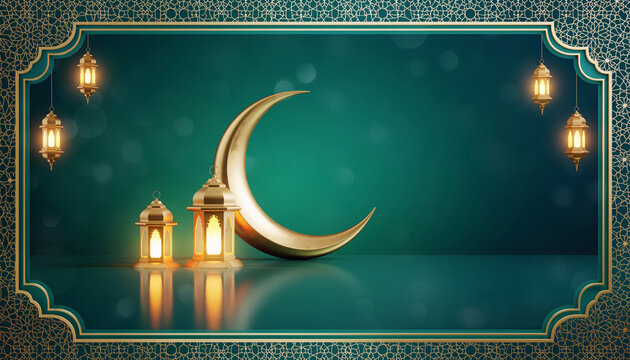 Luxury Ramadan background with gold crescent moon and glowing lanterns