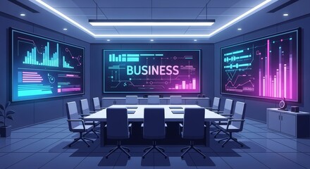 Futuristic business conference room with digital displays showing financial data and charts in a modern setting