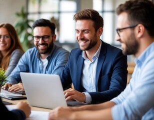 A businessman holds a project meeting and works on a laptop in an office among colleagues.