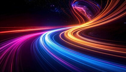 Vivid streaks of blue, pink and orange light curve across a dark, cosmic background