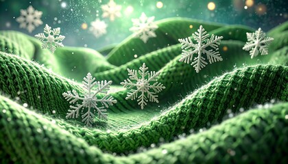 White snowflakes levitate above undulating, textured green fabric with glittering bokeh effect creating a wintery scene