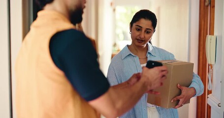 Woman, delivery man and sign at front door, phone or box for customer experience with e commerce. People, courier and smile with app for package, shipping service and thanks for product at apartment