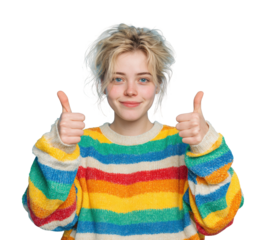 Cheerful young woman giving thumbs up portrait isolated on transparent background