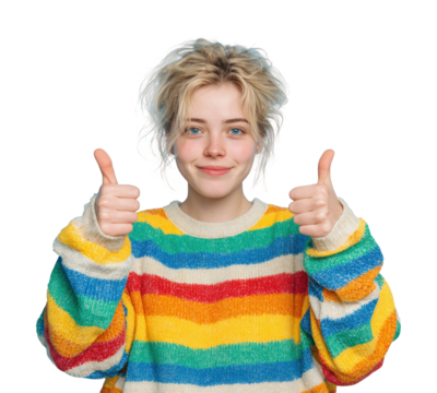 Cheerful young woman giving thumbs up portrait isolated on transparent background