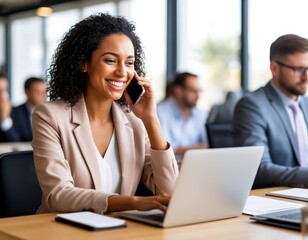 Businesswoman smiling, talking on the phone and working on a laptop in the office among colleagues.