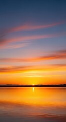 Fototapeta premium Stunning evening sunset over a quiet landscape. The horizon glows as the sky shifts from gold to deep twilight, showing nature's perfect peace, celestial, majestic, nature