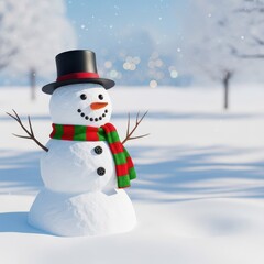 Fototapeta premium Traditional three-sphere snowman standing proudly in deep white snow under cold bright daylight. Festive winter scene with simple stick arms and carrot nose, buttons, sphere, solitary