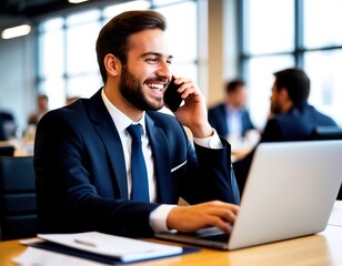 Businessman smiling, talking on the phone and working on a laptop in the office among colleagues.