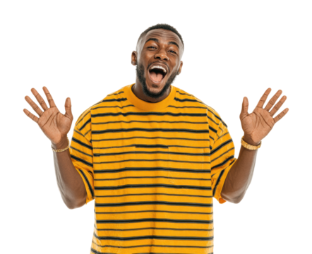 Cheerful young man celebrating happiness portrait joyful smiling isolated on transparent background